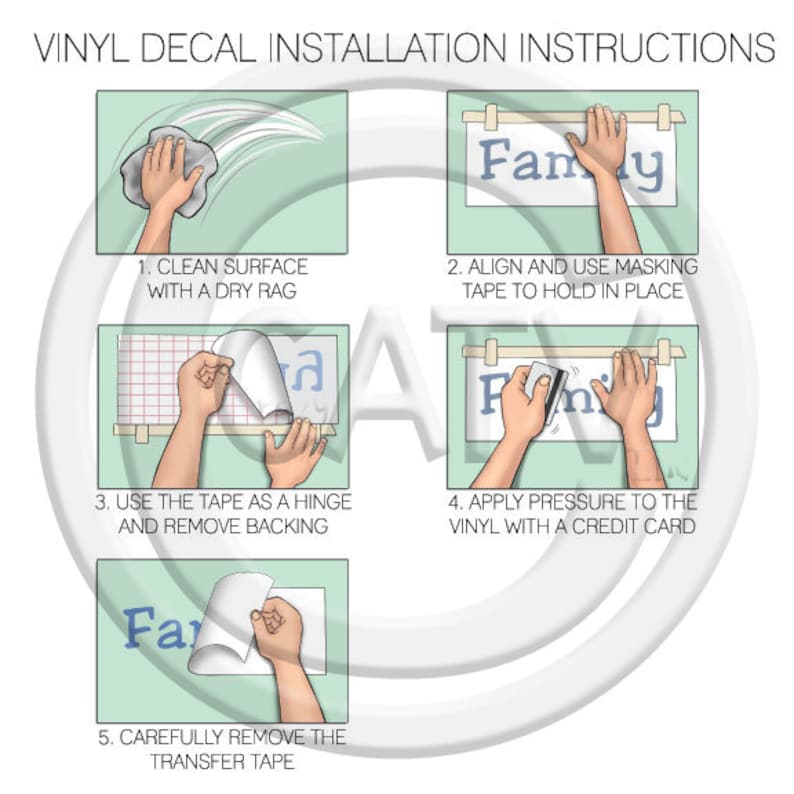 May include: Illustrated instructions for vinyl decal installation. Steps include cleaning the surface, aligning with tape, removing backing, applying pressure with a credit card, and removing transfer tape. The word "Family" is featured.