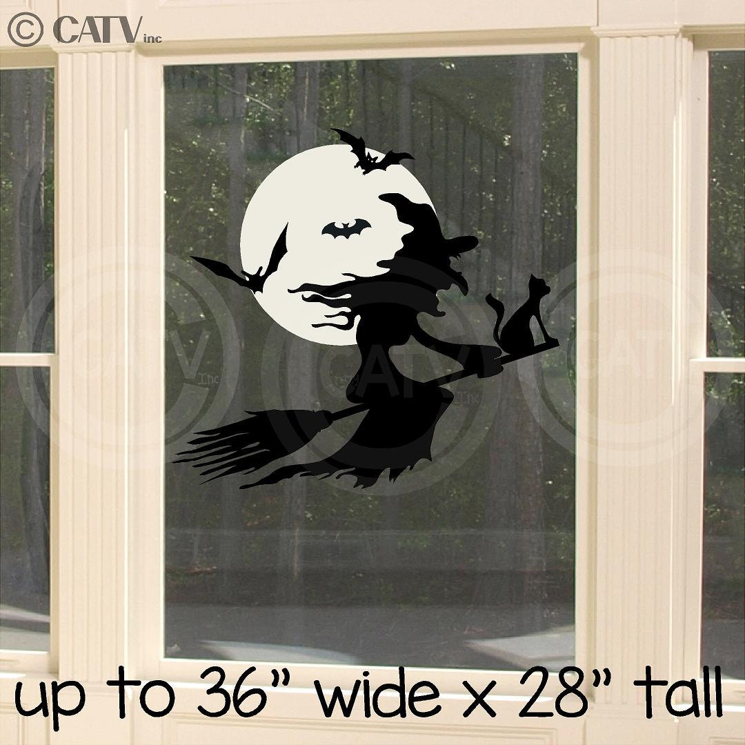 Flying Witch on Broom With Moon and Bats Halloween Holiday Vinyl Wall ...