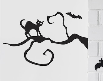 Halloween Cat Owl or Crow on a Tree Branch with Bat Spooky Holiday Vinyl Wall or Window Decal Home Decor Sticker Art