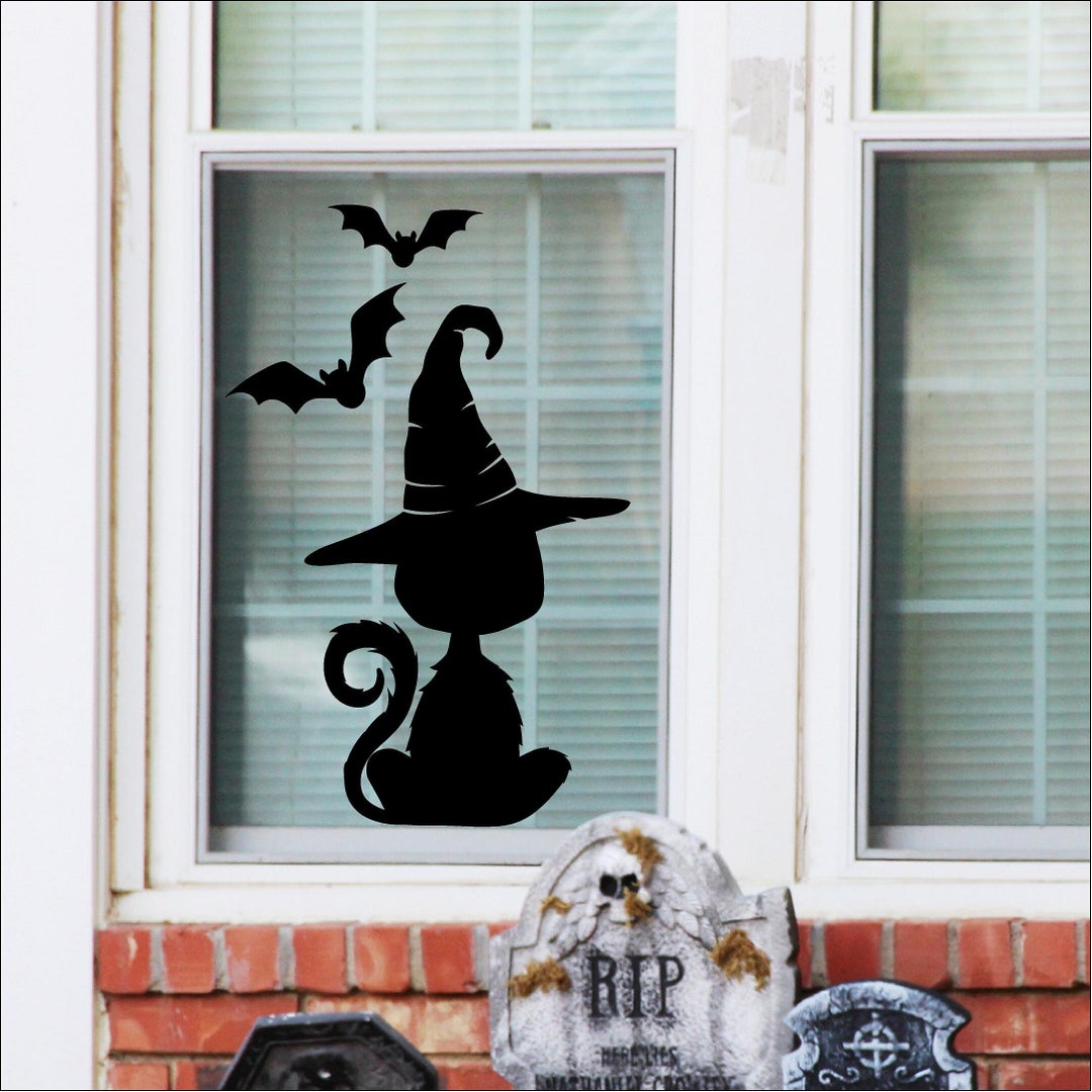 Black Cat With Witch Hat Decal Sign Bats Halloween Holiday Vinyl ...