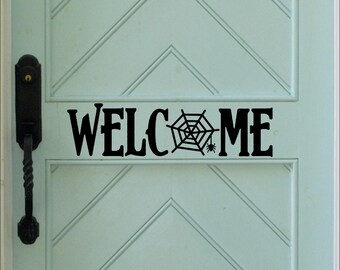 WELCOME with pumpkin, skull, spider webb, frankenstein Halloween Sign Holiday Vinyl Lettering Wall Decal Sticker Decals Craft Gift Bats