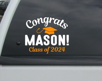 Congrats, Graduation Cap, Custom Name and Class of (Your Year) Stickers Vinyl Wall Decals Car Decal Senior 2024 Graduate School sticker