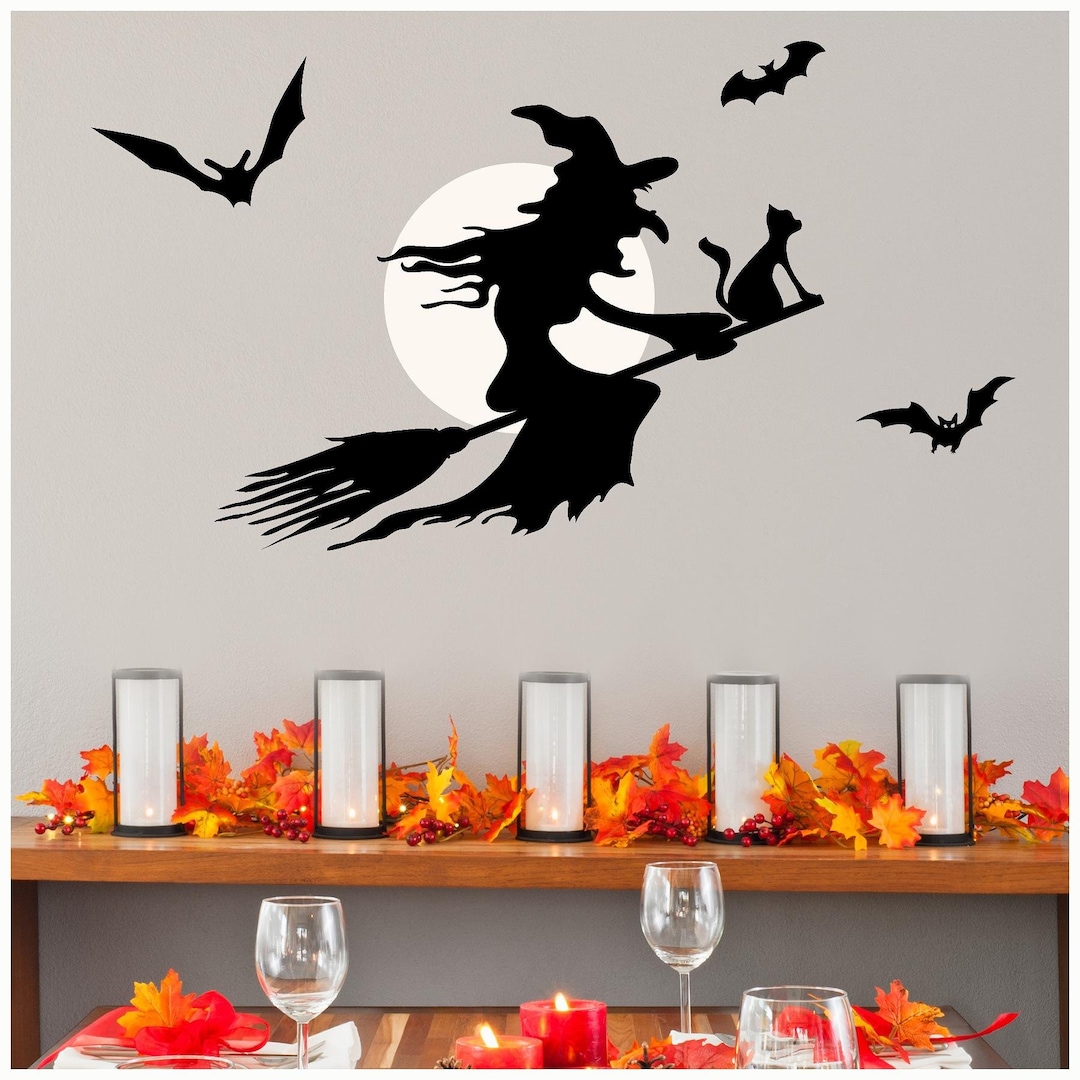 Flying Witch on Broom With Moon and Bats Halloween Holiday Vinyl Wall