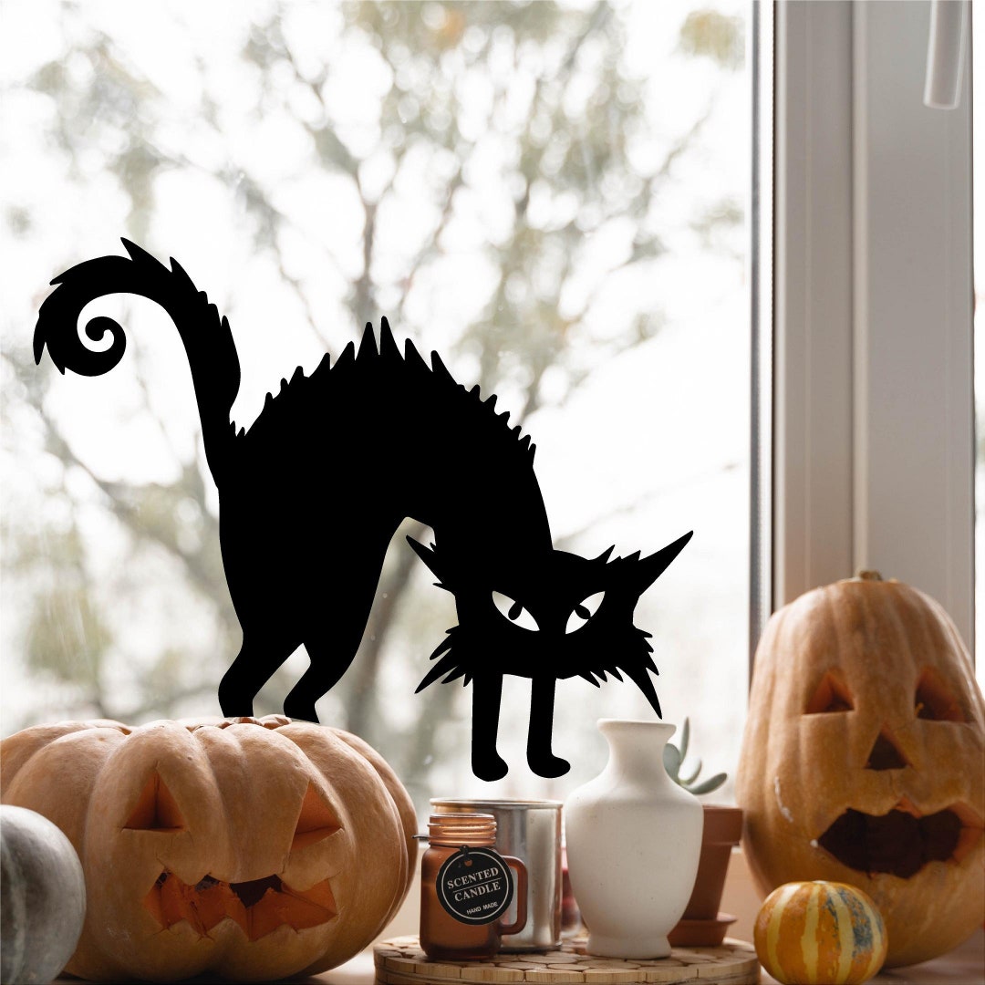 Spooky Black Cat (M) Silhouette Decal Sign Bats Halloween Holiday Vinyl ...