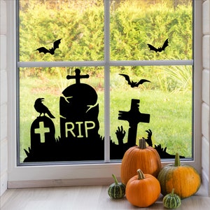 Graveyard Scene with Tombstones Zombie Hands Black Crow and Bats Halloween Holiday Vinyl Wall Decals Sticker Home Decor Spooky Prank