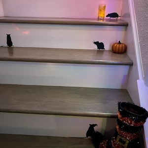 May include: A set of black rat silhouettes are placed on a white painted staircase. A small orange pumpkin sits on the top step. A black and orange glittery boot is on the bottom step.
