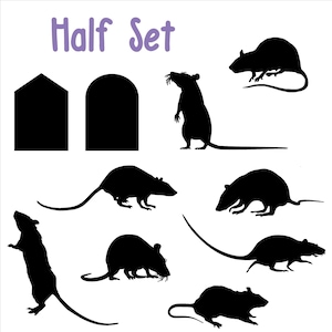 May include: Black silhouette of a rat in various poses, including standing, running, and peeking out of a hole. The text "Half Set" is at the top of the image.