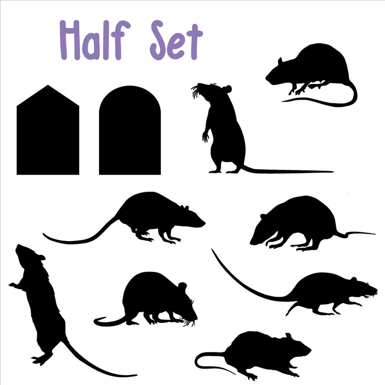 May include: Black silhouette of a rat in various poses, including standing, running, and peeking out of a hole. The text "Half Set" is at the top of the image.