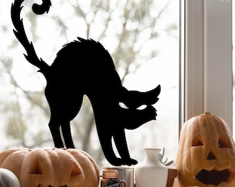 Black Cat (O) Silhouette Decal Sign Bats Halloween Holiday Vinyl Lettering Wall Decal Sticker Home Decor Decals Craft Gift Scary Spooky