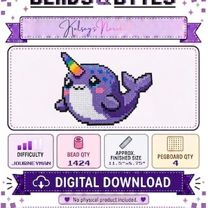 May include: A digital pattern for a pixel art narwhal made of beads. The design features a purple narwhal with a rainbow horn, white belly, and pink cheeks. Text includes BEADS & BYTES, Kelsey's Narwhal, 1424 beads, and 11.5 inches by 8.75 inches.