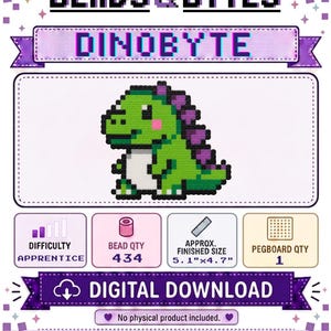 May include: A digital pattern for a pixel art green dinosaur named DINOBYTE by BEADS & BYTES. The design requires 434 beads, uses 1 pegboard, and has a finished size of 5.1 inches by 4.7 inches. The difficulty level is listed as apprentice.