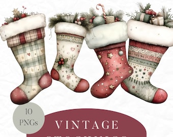 Könnte beinhalten: Vier vintage Weihnachtsstrümpfe mit verschiedenen Mustern und Farben. Die Strümpfe sind mit Geschenken und Ornamenten gefüllt. Die Strümpfe hängen vor einem weißen Hintergrund. Der Text "10 PNGs" und "Vintage Stockings Commercial Use" befindet sich am unteren Rand des Bildes.