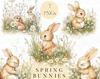 Coelhinhos de aquarela de primavera, clipart de coelhinhos, coelhinhos florais, coelhinhos de primavera, clipart pré-fabricado, clipart de aquarela, clipart de Páscoa