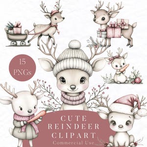 15 Clipart di renne carine, PNG di Natale adorabile, Clipart di renne acquerellate, Clipart festose, Clipart di Natale innevato, PNG di renne