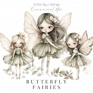 Schmetterling Fee Clipart, Fairycore Clipart, Muted Fee Clipart, grüne Märchen PNG, Digitales Basteln, Schmetterling Mädchen Clipart, Scrapbook
