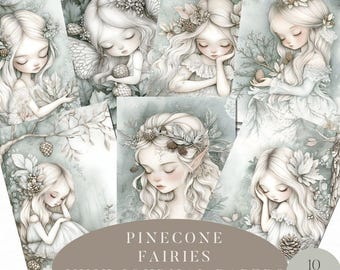 Pine Cone Fairies Junk Journal, Forest Fairy Scrapbook Pages, Vintage Fairy Journal, Fairy Nature Pages, Pine Tree Scrapbook,Whimsical Fairy
