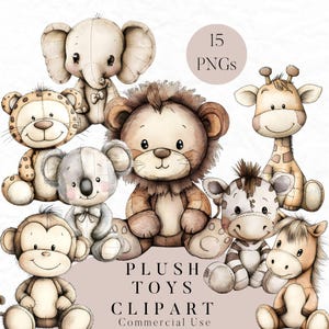 Paquete de 15 imágenes prediseñadas de juguetes de peluche, imágenes prediseñadas de animales para baby shower, elefante de acuarela PNG, imágenes prediseñadas de león lindo, imágenes prediseñadas de primer cumpleaños, uso comercial