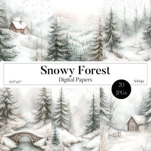 20 Journal de bordel de forêt d'hiver enneigé, papier imprimable paysage vert, papiers numériques paysage enneigé, scène de forêt d'hiver, usage commercial