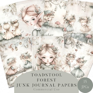 Ensemble de carnets ordures forêt champignon vénéneux aquarelle - fées, elfes, champignons, fleurs et feuilles, papiers numériques Fantasy Forest, usage commercial