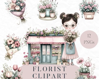 Puede incluir: Un conjunto de 12 imágenes de clipart digital con temática de floristería. Las imágenes incluyen una niña linda con gafas sosteniendo un ramo de flores, una fachada de tienda de flores y varios arreglos florales en macetas y cestas colgantes.