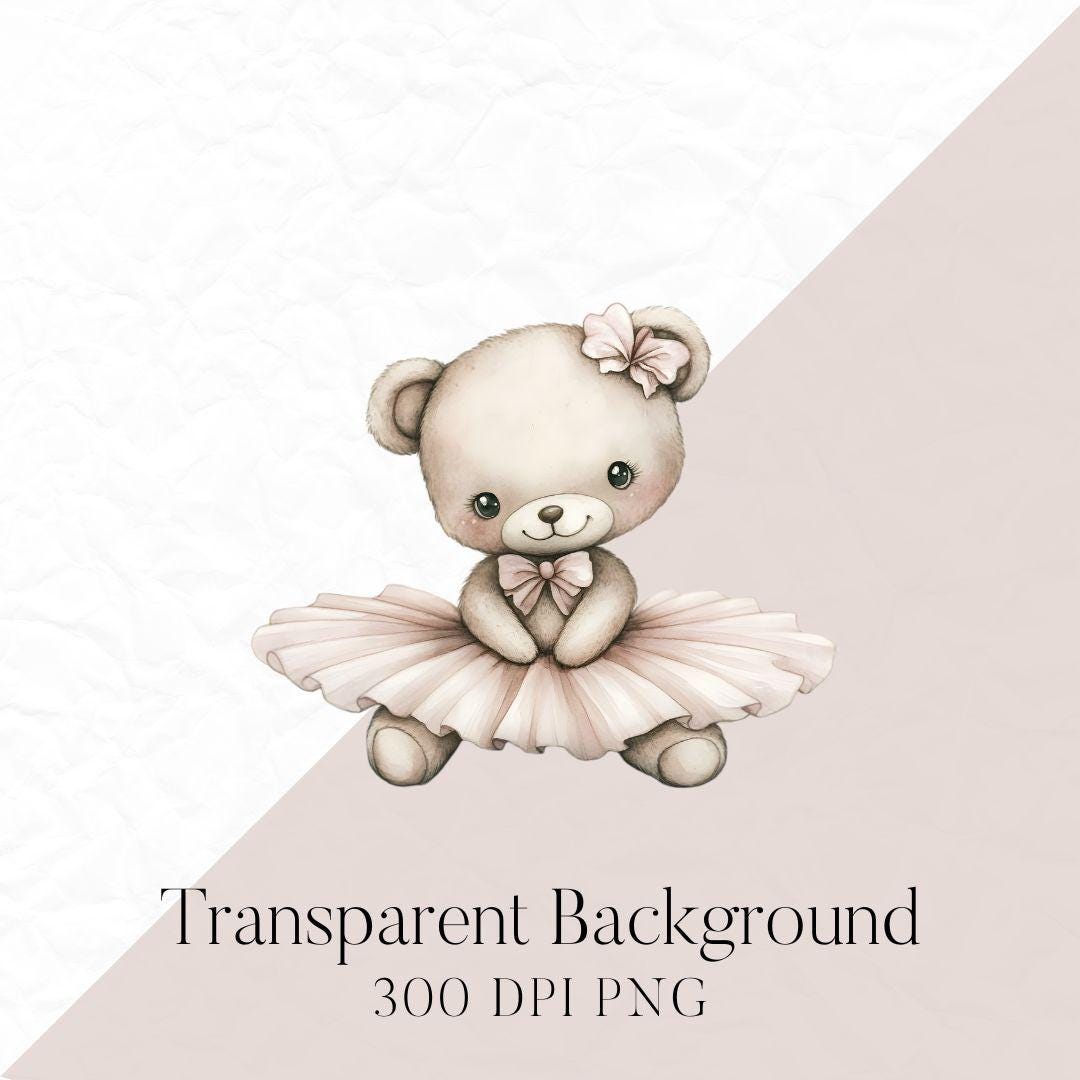 15 Ballerina Teddy Clipart, Watercolor Teddy Bear PNG, Baby Shower ...