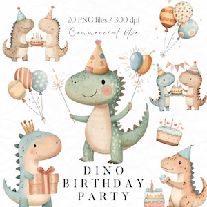 Ilustrações de festa de dinossauro para download digital, pacote de clipart de dinossauro em aquarela, aniversário jurássico, decoração de festa infantil, pacote de T-Rex fofo