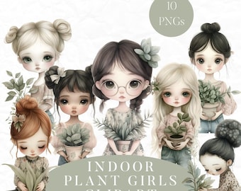 Indoor Plant Girls Clipart, Pot Plant Clipart, Gardening Clipart, Cute Kawaii Girls Clipart, Green Thumb PNG, Fern Clipart, Indoor Planting