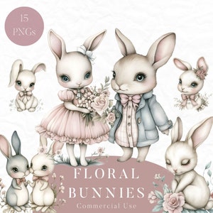 Imágenes prediseñadas de conejito floral, imágenes prediseñadas de animales de guardería, lindo conejo PNG, imágenes prediseñadas de animales del bosque, conejitos pastel, guardería de niñas, imágenes prediseñadas de guardería de niños