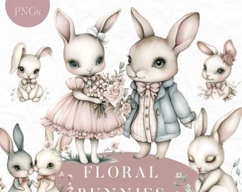 Floral Bunny Clipart, Nursery Animal Clipart, Cute Rabbit PNG, Woodland Animal Clipart, Pastel Bunnies, Girl Nursery, Boy Nursery Clipart