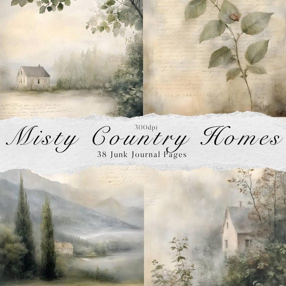 Misty Landscape Digital Paper, Junk Journal Pages, Watercolour Craft Supplies, English Countryside Junk Journal, Watercolor Scenery