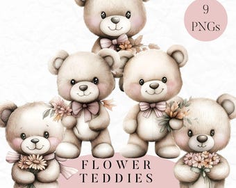 Floral Teddy Clipart Bundle, Watercolor Teddies PNG, Cute Teddy Bears with Flowers, Commercial Use, Digital Download, Baby Shower Clipart