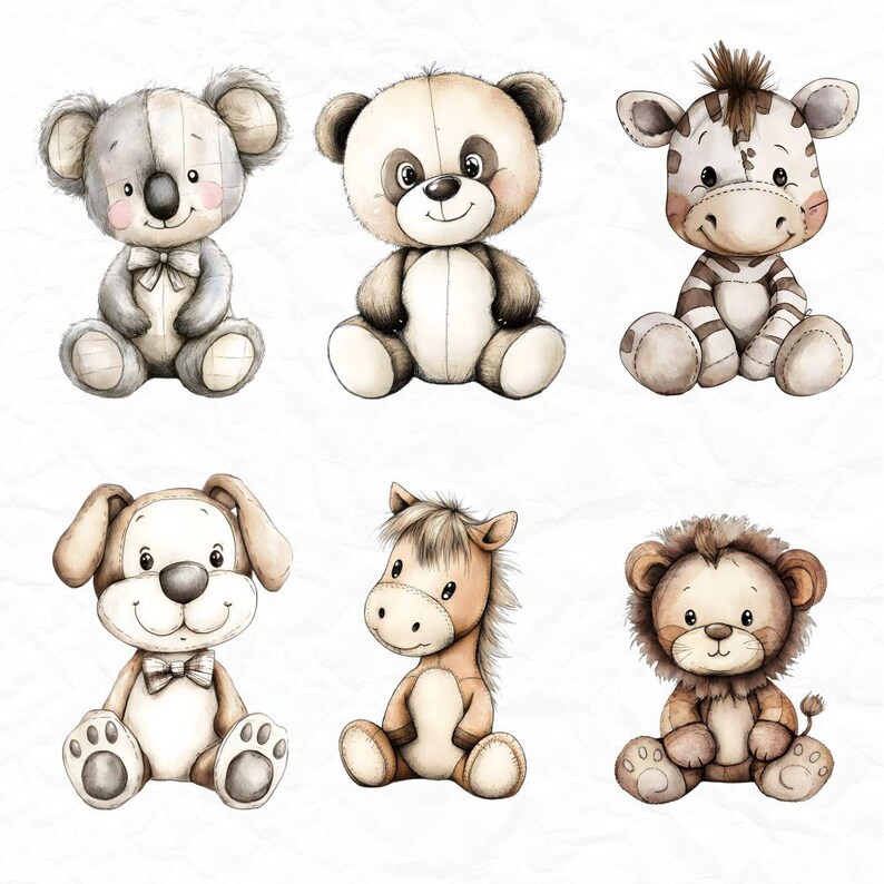 15 Plush Toy Clipart Pack, Baby Shower Animal Clipart, Watercolor ...