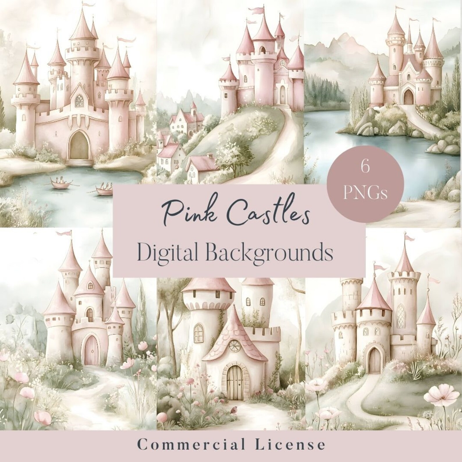 Pink Watercolor Fairytale Castle Backgrounds, Fairytale Digital Papers ...