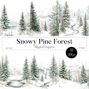 32 pagine di diario spazzatura foresta di pini innevati, carta stampabile paesaggio invernale, album di ritagli montagna innevata, carta stampabile albero di pino, commerciale