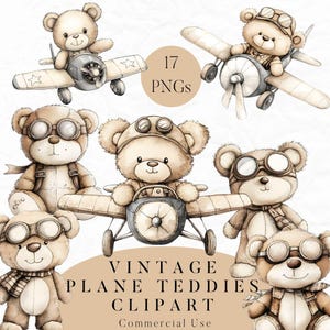 Pilote vintage Teddy Clipart PNGs, clipart avion vintage, garçon Baby Shower Clipart, ours en peluche PNG, usage Commercial, téléchargement numérique