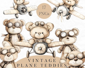 Vintage pilot nalle clipart PNGs, vintage flygplan clipart, pojke babyshower clipart, nallebjörn PNG, kommersiellt bruk, digital nedladdning