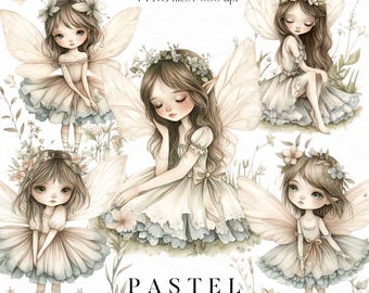 Puede incluir: Siete ilustraciones digitales de hadas con alas y vestidos de color pastel. Las hadas están rodeadas de flores y vegetación. El texto "PASTEL FAIRIES" está en la parte inferior de la imagen.
