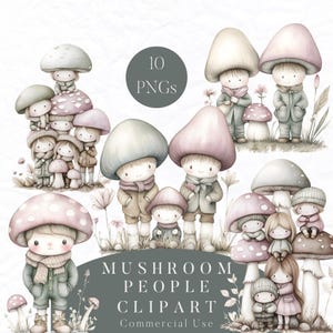 10 mignons champignons gens Clipart PNGs, Clipart fantaisie, clipart créature des bois, aquarelle champignon PNG, téléchargement numérique, usage Commercial