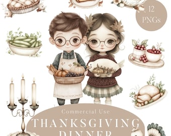 Thanksgiving Dinner Clipart, Roast Turkey, Fall PNG, Pumpkin Clipart, Instant Download, Fall Clipart, Thanksgiving Clipart, Dessert, Dinner