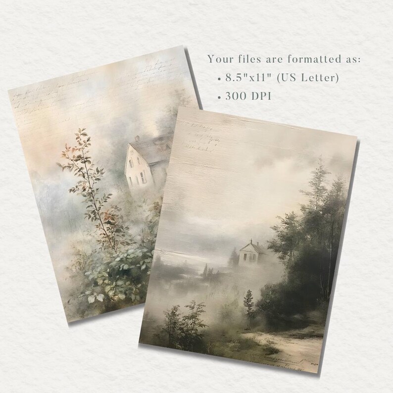 May include: Two watercolor paintings of houses in a foggy forest. The first painting shows a house with a white exterior and a green roof. The second painting shows a house with a white exterior and a brown roof. Both paintings have a soft, dreamy feel.