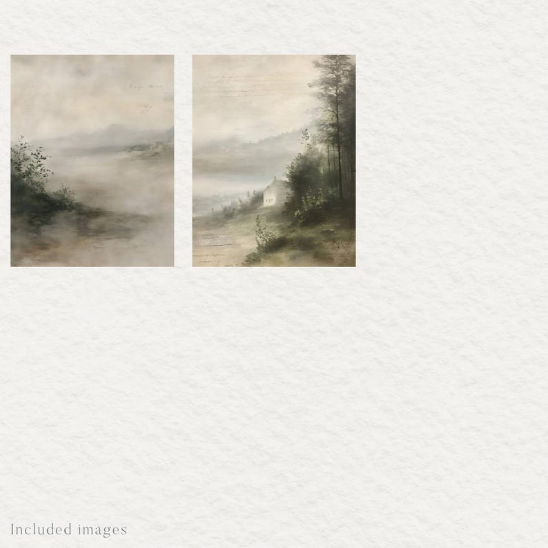 May include: Two watercolor paintings of misty landscapes. The first painting shows a misty valley with a small house in the distance. The second painting shows a misty forest with a small house in the distance.