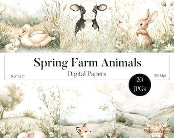 Aquarel lente boerderijdieren digitale papers, boerderij dieren junk Journal, baby varken, lam, konijn, geit, koe digitale ambachtelijke papieren