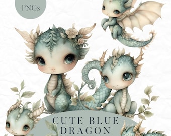 Cute Blue Dragon Clipart, Dragon PNG, Boy Dragon, Floral Dragon Clipart, Commercial use, Digital Download, Mythical, Fairytale Creatures PNG