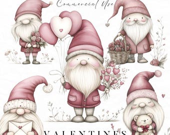 Cute Pink Valentines Gnomes, Watercolor Romantic Valentine Clipart, Whimsical Gnome Clipart, Love Heart Clipart, Red Rose Clipart, Fairytale