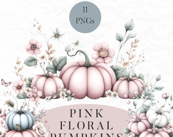 Floral Kürbis Aquarell Clipart PNG, rosa Kürbis, Girly Herbst, Thanksgiving, Herbstblumen Arrangement floral, wunderliche Herbst Clipart