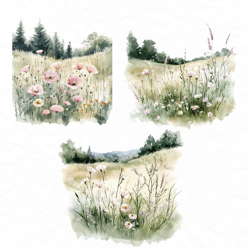 Op de afbeelding: Drie aquarellen die verschillende sc&egrave;nes van een veld met wilde bloemen voorstellen. De eerste aquarel toont een veld met roze wilde bloemen met een bos op de achtergrond. De tweede aquarel toont een veld met witte wilde bloemen met een bos op de achtergrond. De derde aquarel toont een veld met witte en roze wilde bloemen met een bos op de achtergrond.