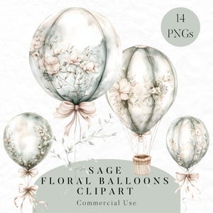 Aquarelle sauge floral ballon Clipart, clipart ballon baby shower, montgolfière PNG, usage Commercial, téléchargement numérique, ballon bleu