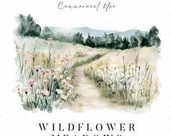 野生の花の草原のクリップアート、水彩風景、春の風景のクリップアート、春の水彩画、水彩山の風景 PNG、春 PNG