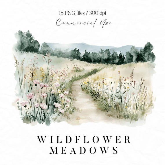 Wildflower Meadows Clipart, Watercolor Scenery, Spring Landscape Clipart, Spring Watercolors, Watercolor Mountain Scene PNG, Spring PNG