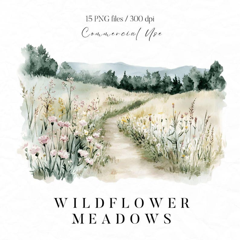 Op de afbeelding: Waterverf schilderij van een pad dat door een veld met wilde bloemen slingert. Het pad wordt omringd door groen gras en bomen op de achtergrond. Het schilderij heeft een zachte, dromerige uitstraling.